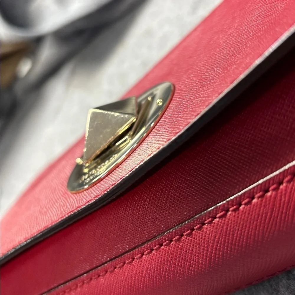 Kate Spade New York Lock Clutch Red Leather Envelope Brass Turn Pyramid Purse